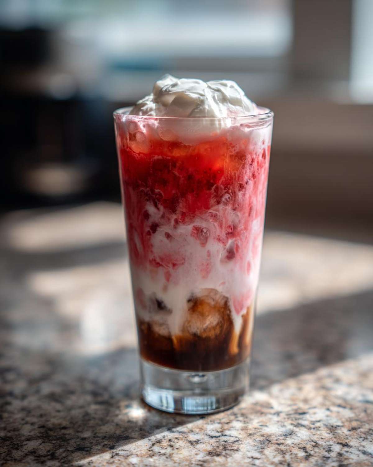 A tall glass of layered Strawberry Cream Cold Brew with whipped cream topping, sitting on a granite counter.