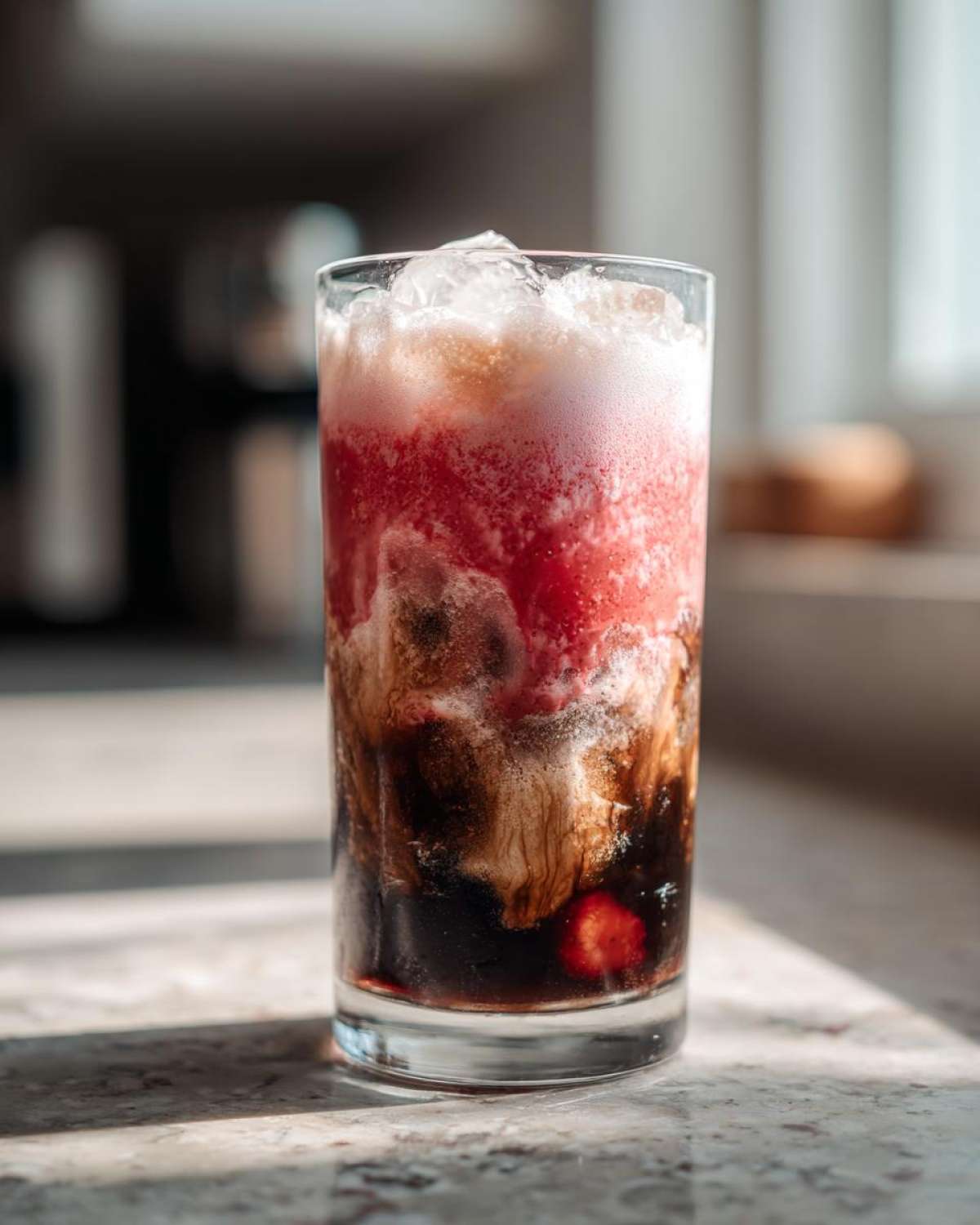 Tall glass showing layers of cold brew coffee, pink strawberry cream, and ice for a Strawberry Cream Cold Brew.