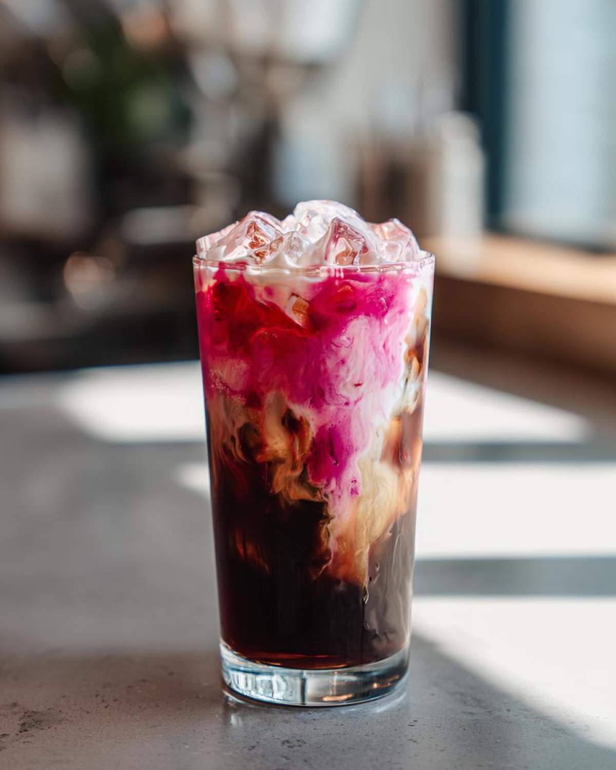 A tall glass of Strawberry Cream Cold Brew showing vibrant pink swirling into dark coffee over ice.