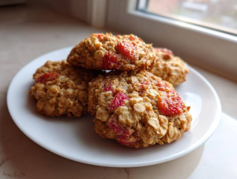 A stack of four golden Strawberry Oatmeal Breakfast Cookies featuring visible pieces of bright red strawberries on a white plate.