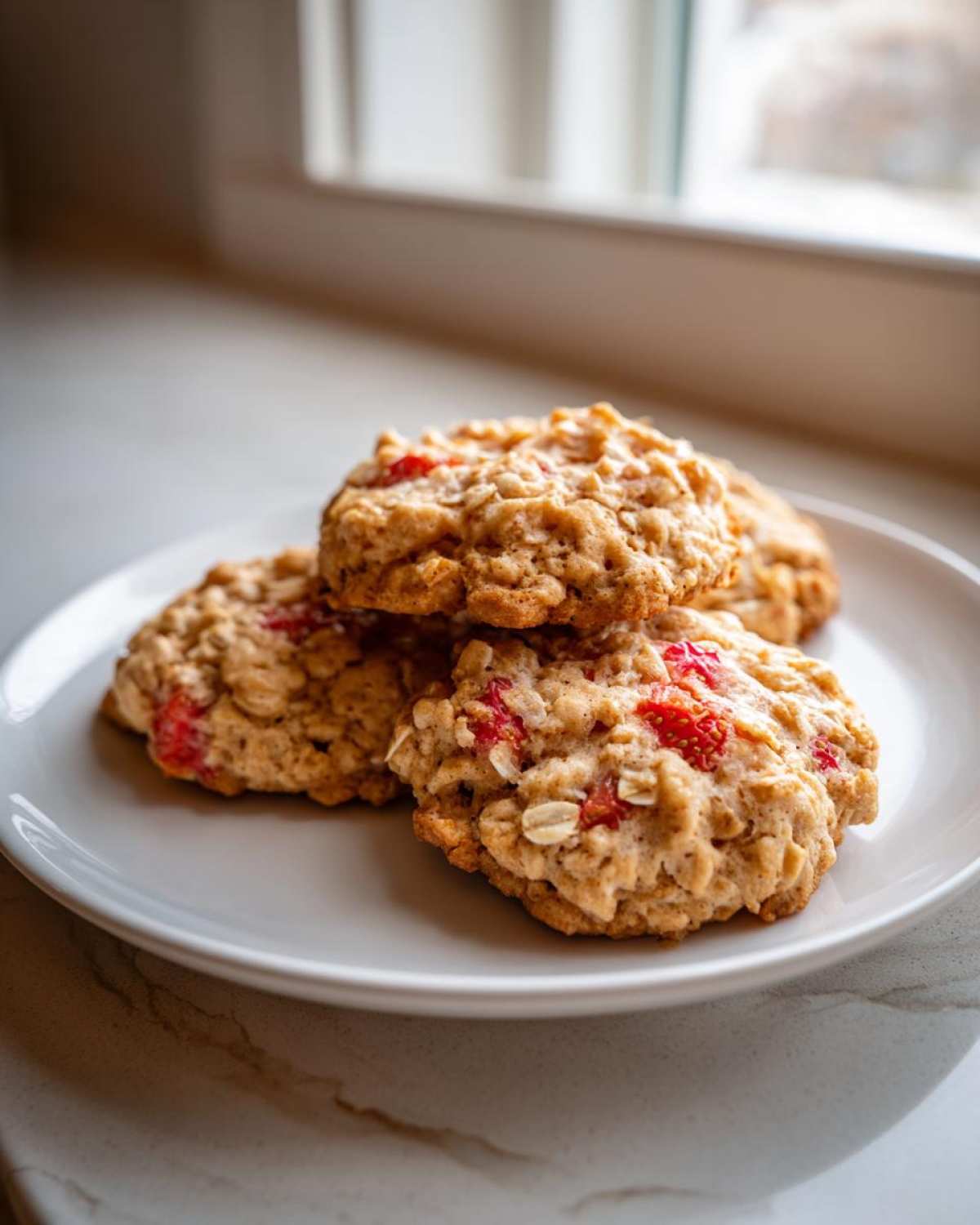 Three freshly baked Strawberry Oatmeal Breakfast Cookies stacked slightly on a white plate near a window.