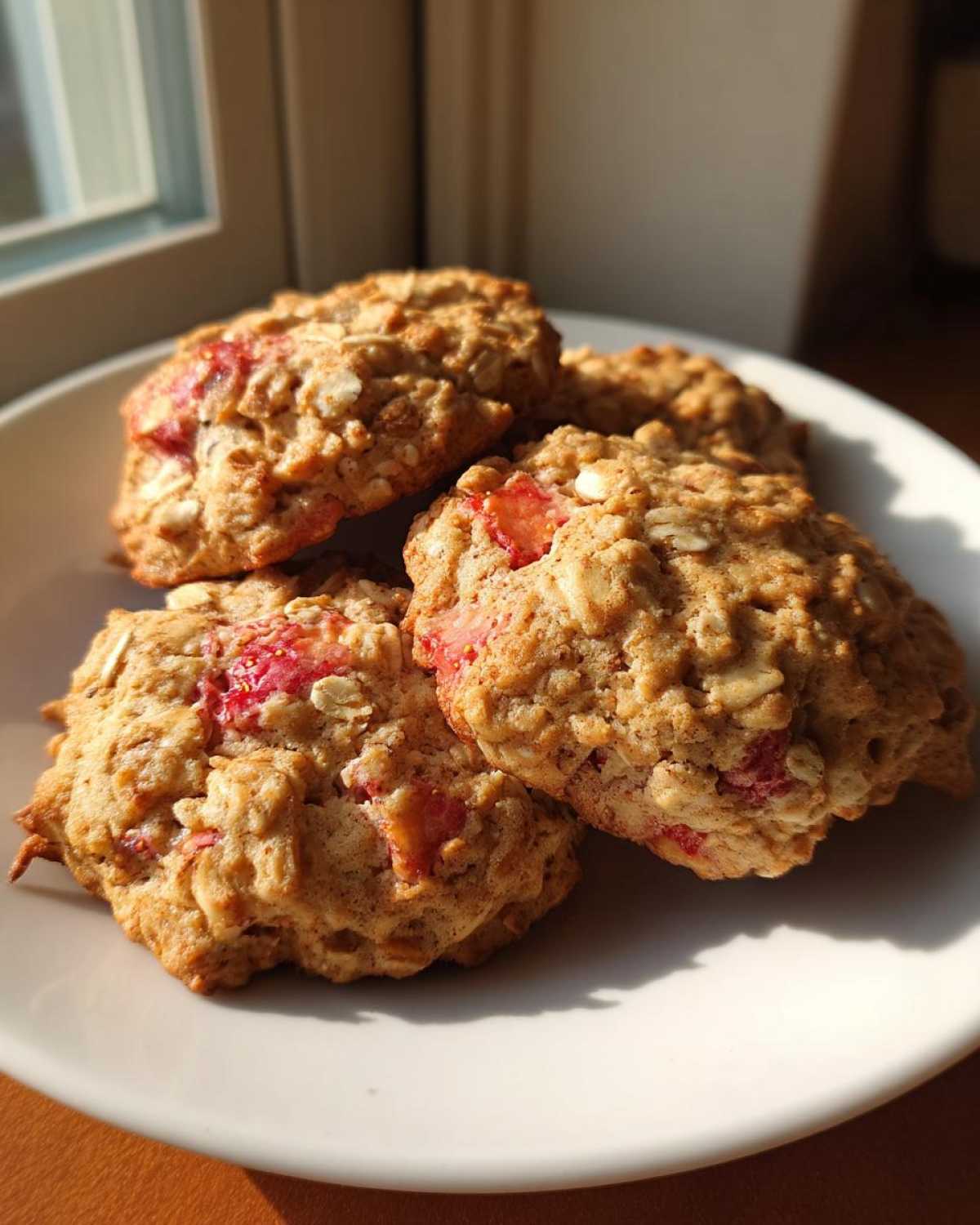 A stack of freshly baked Strawberry Oatmeal Breakfast Cookies with visible oats and strawberry pieces, sitting on a white plate.