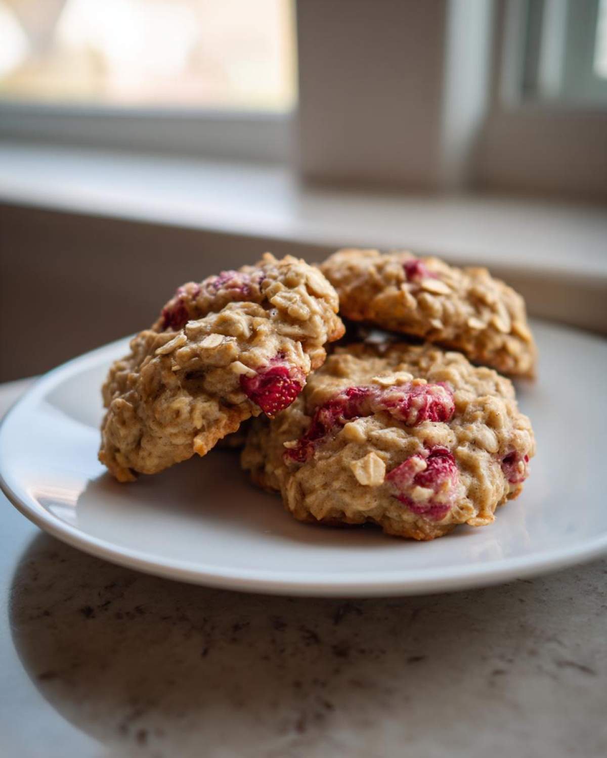 A small stack of freshly baked Strawberry Oatmeal Breakfast Cookies featuring visible oats and bright red strawberry pieces.