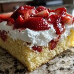 Close-up of a square slice of Strawberry Shortcake Sheet Cake showing yellow cake, white whipped cream, and glazed strawberries.