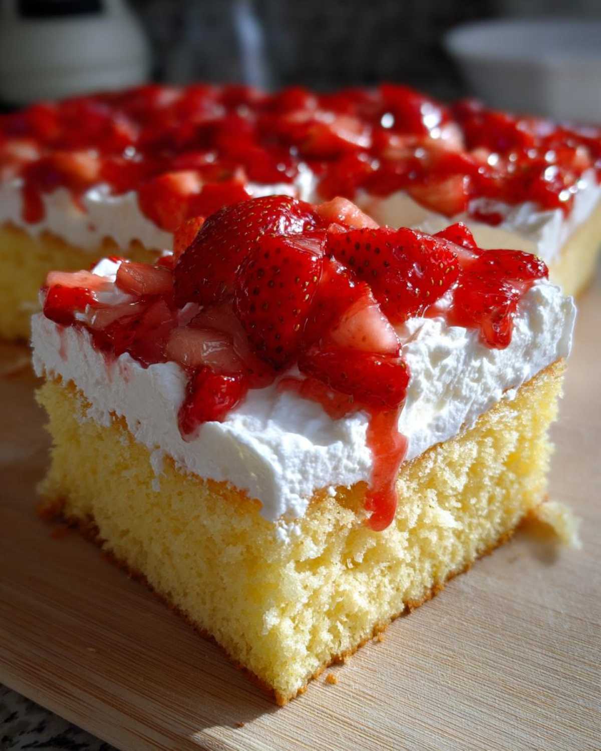 A close-up slice of moist Strawberry Shortcake Sheet Cake topped with thick whipped cream and fresh strawberries in glaze.