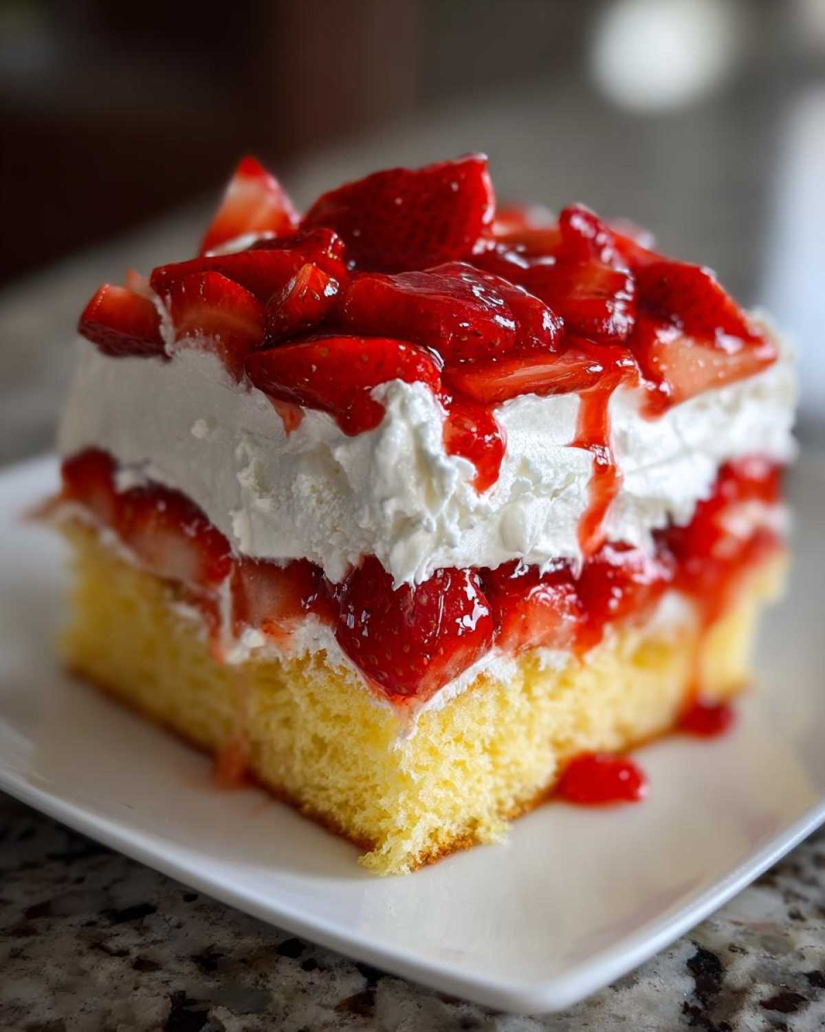 A square slice of moist Strawberry Shortcake Sheet Cake layered with whipped cream and fresh strawberries.