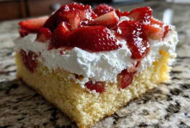 Close-up of a square slice of Strawberry Shortcake Sheet Cake showing yellow cake, white whipped cream, and glazed strawberries.