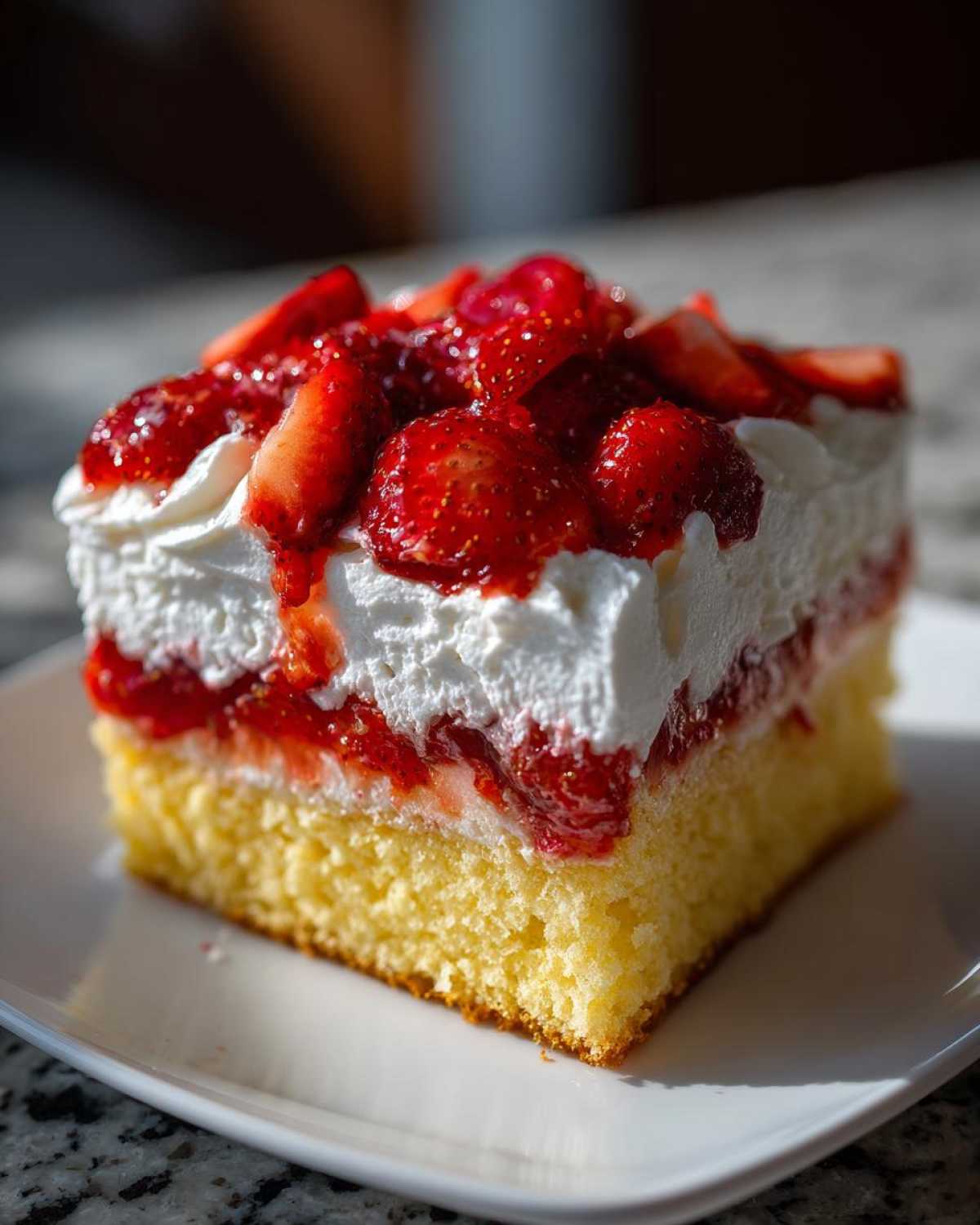 Close-up of a square slice of Strawberry Shortcake Sheet Cake with layers of yellow cake, whipped cream, and macerated strawberries.