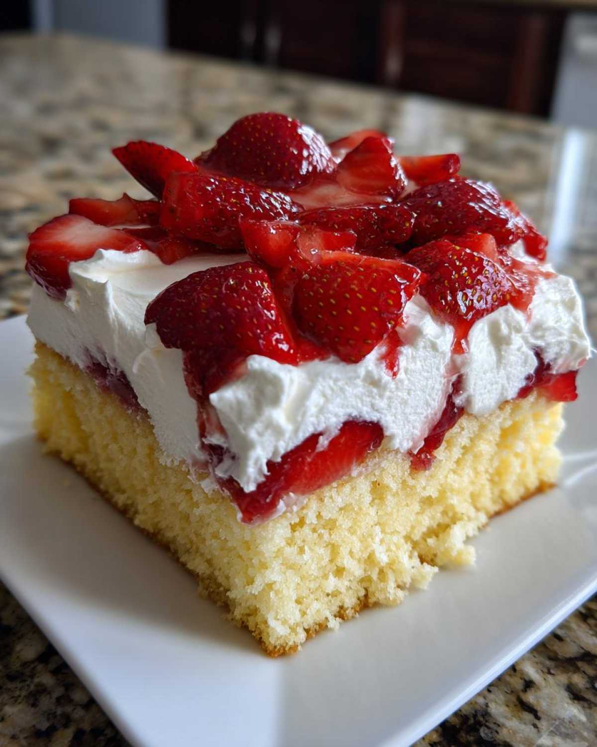 A close-up of a square slice of Strawberry Shortcake Sheet Cake with thick whipped cream and fresh strawberries on top.