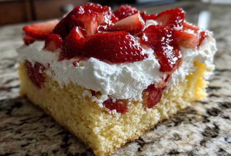Close-up of a square slice of Strawberry Shortcake Sheet Cake showing yellow cake, white whipped cream, and glazed strawberries.