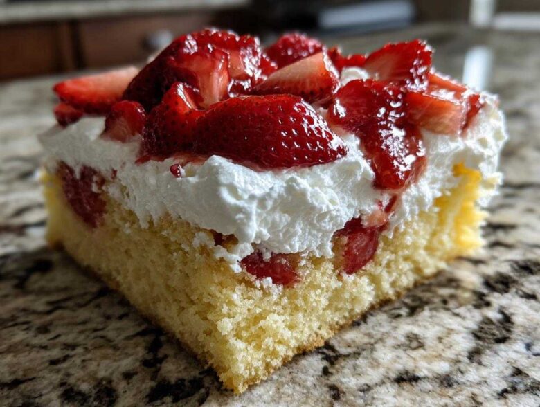 Close-up of a square slice of Strawberry Shortcake Sheet Cake showing yellow cake, white whipped cream, and glazed strawberries.
