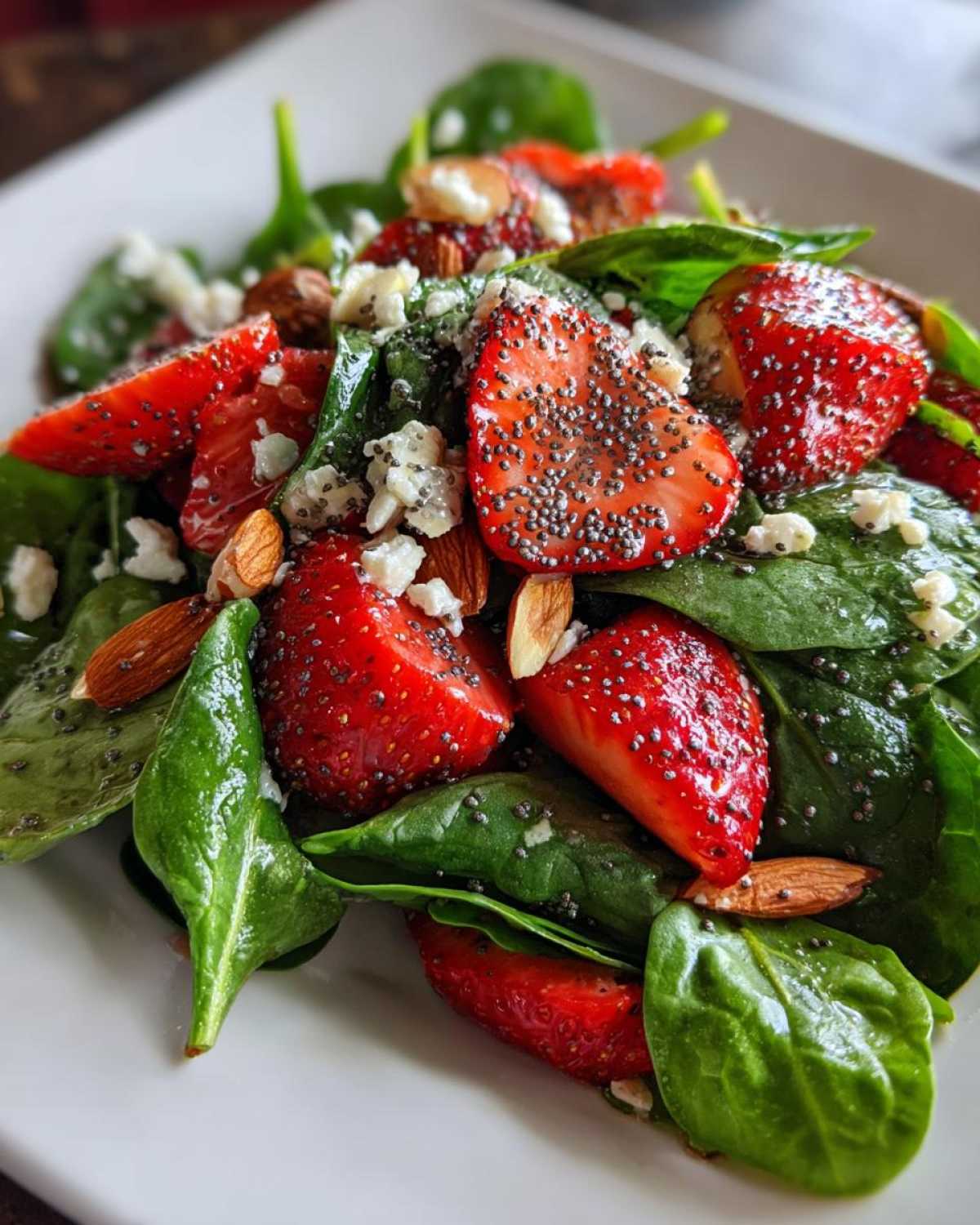 Close-up of a vibrant Strawberry Spinach Salad featuring sliced strawberries, almonds, feta cheese, and poppy seeds.