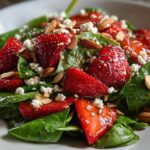 Close-up of a vibrant Strawberry Spinach Salad with sliced strawberries, feta cheese, almonds, and poppy seeds visible in the dressing.