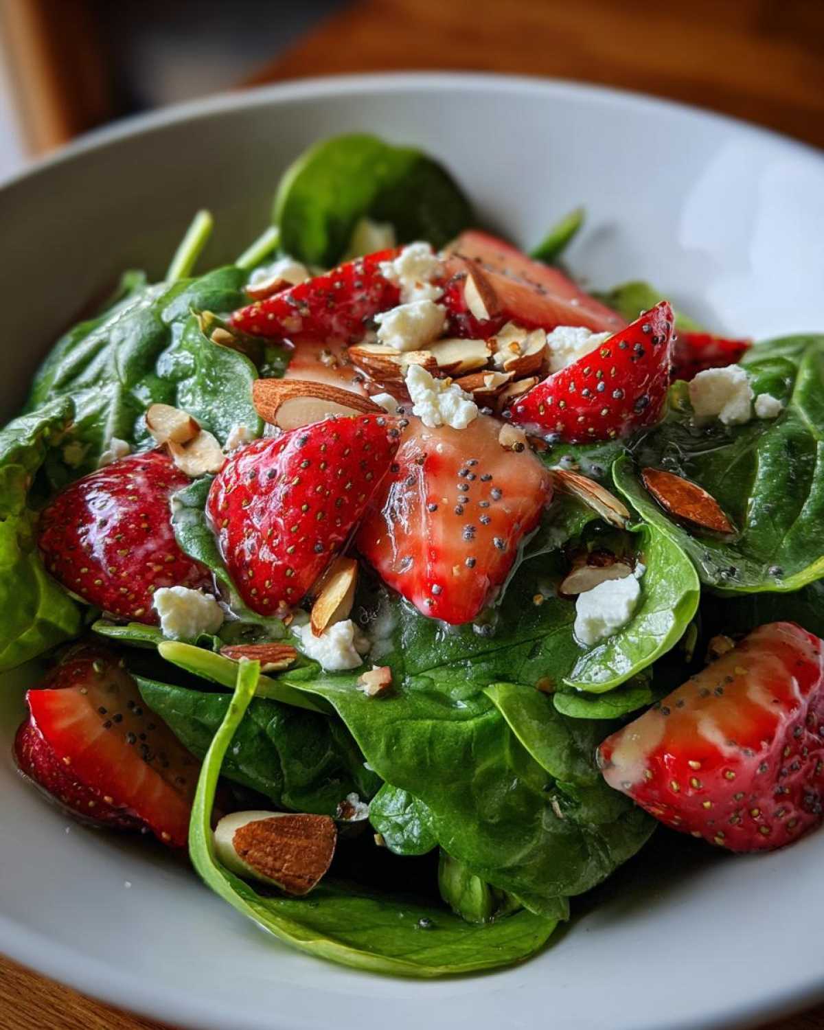 Close-up of a vibrant Strawberry Spinach Salad with sliced strawberries, feta cheese, and almonds, coated in poppy seed dressing.