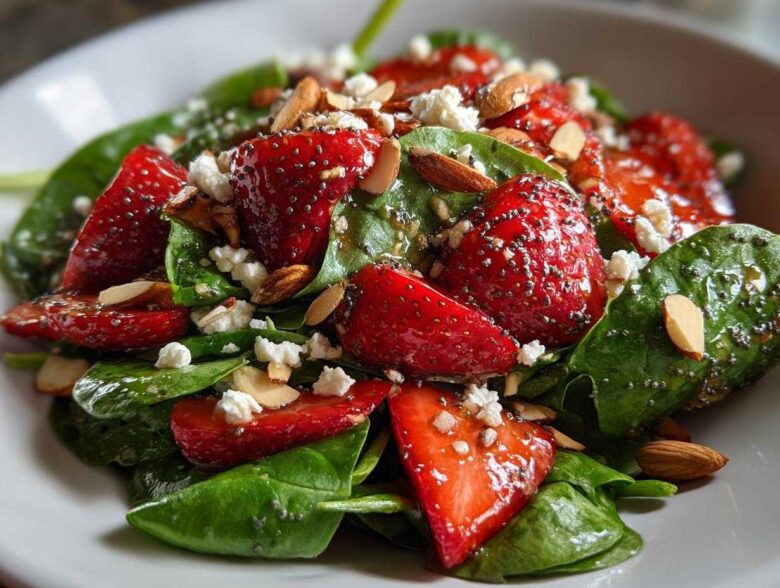 Close-up of a vibrant Strawberry Spinach Salad with sliced strawberries, feta cheese, almonds, and poppy seeds visible in the dressing.