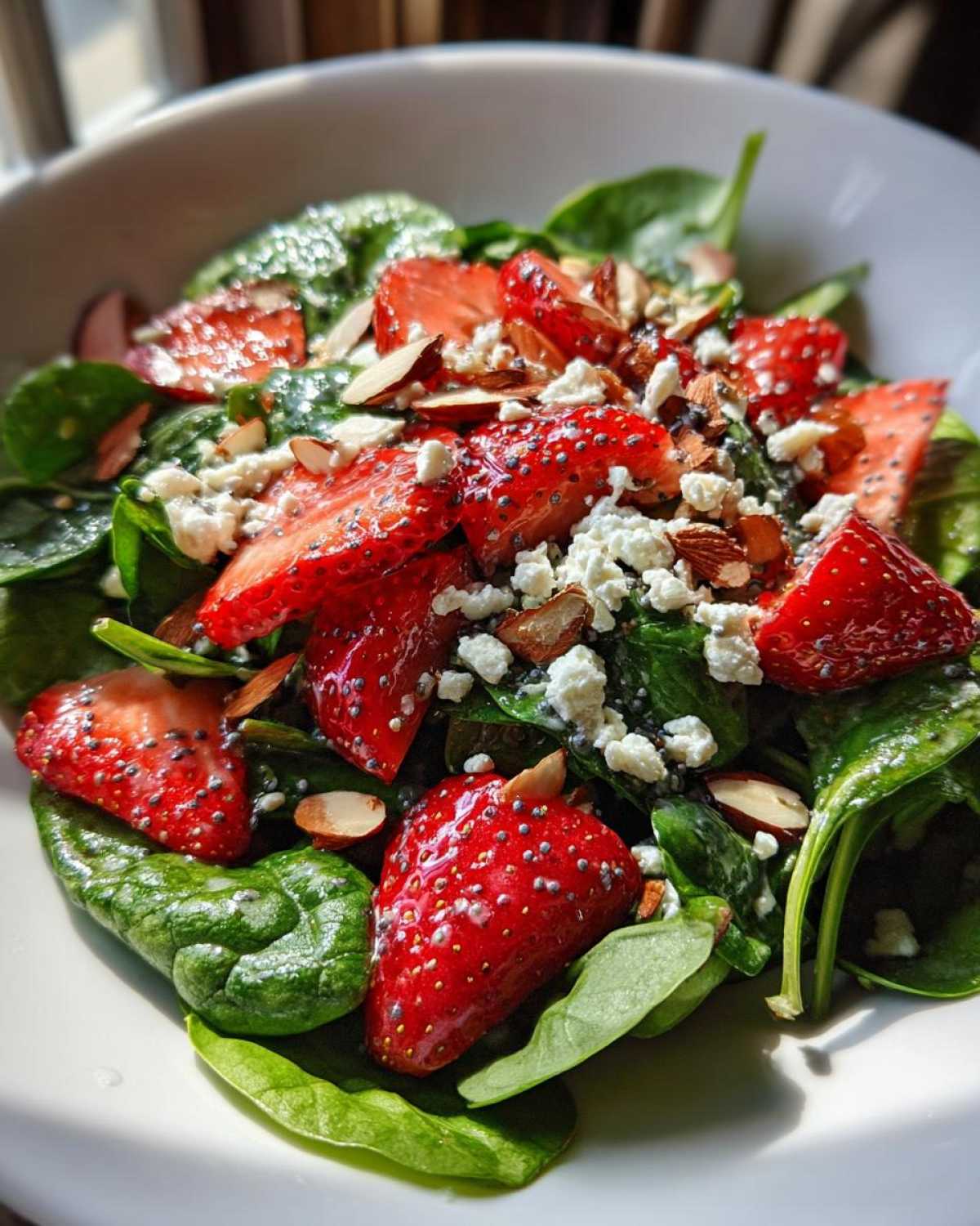 Close-up of a vibrant Strawberry Spinach Salad with sliced strawberries, feta cheese, and slivered almonds, coated in poppy seed dressing.