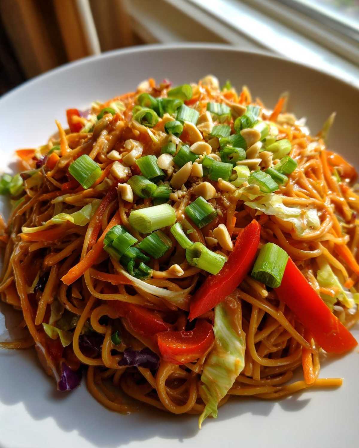 A vibrant bowl of Thai Peanut Noodles with Crunchy Veggies, topped with chopped peanuts and green onions.