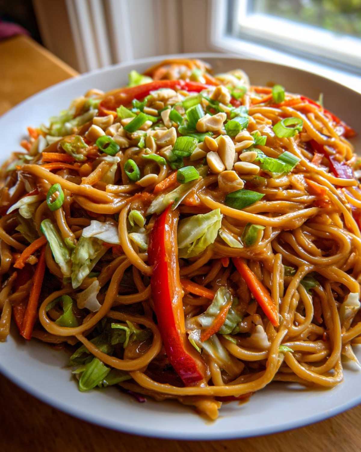 A close-up of a generous serving of Thai Peanut Noodles with Crunchy Veggies, topped with chopped peanuts and green onions.