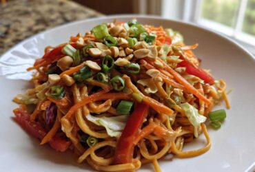 A serving of Thai Peanut Noodles with Crunchy Veggies, topped with chopped peanuts and green onions.