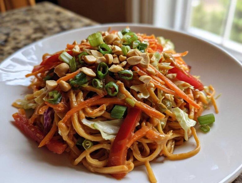 A serving of Thai Peanut Noodles with Crunchy Veggies, topped with chopped peanuts and green onions.