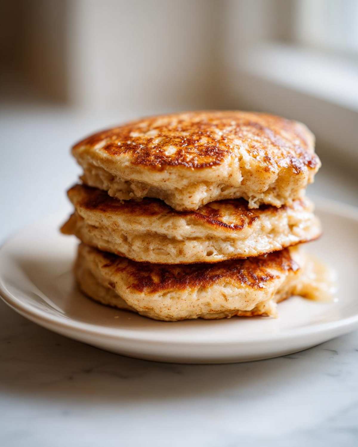 A close-up stack of three fluffy Vegan Banana Oat Pancakes with golden brown edges on a small white plate.