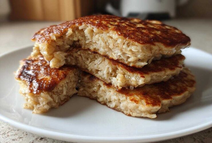 A stack of three thick Vegan Banana Oat Pancakes, cut open to show the texture of oats inside, served on a white plate.