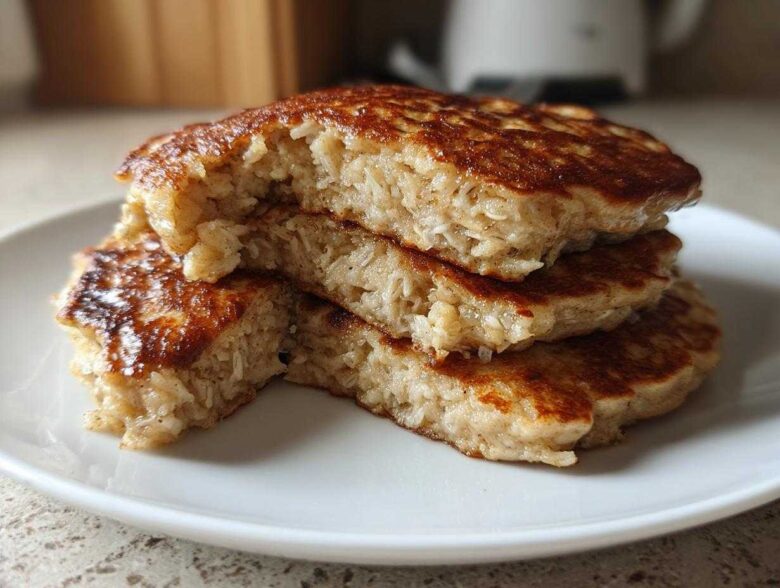 A stack of three thick Vegan Banana Oat Pancakes, cut open to show the texture of oats inside, served on a white plate.