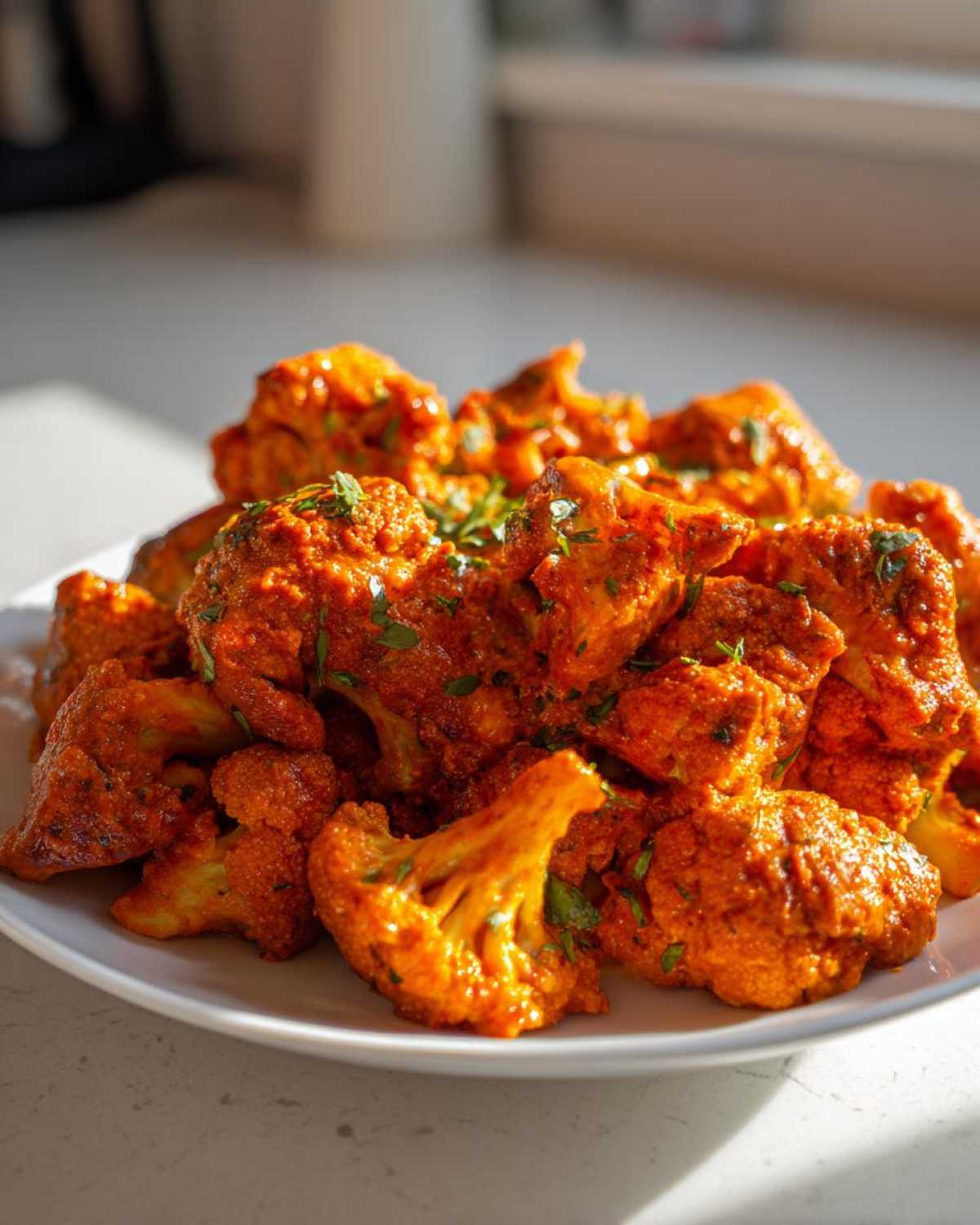 Close-up of bright orange Vegan Cauliflower Tikka Masala florets garnished with fresh green herbs on a white plate.