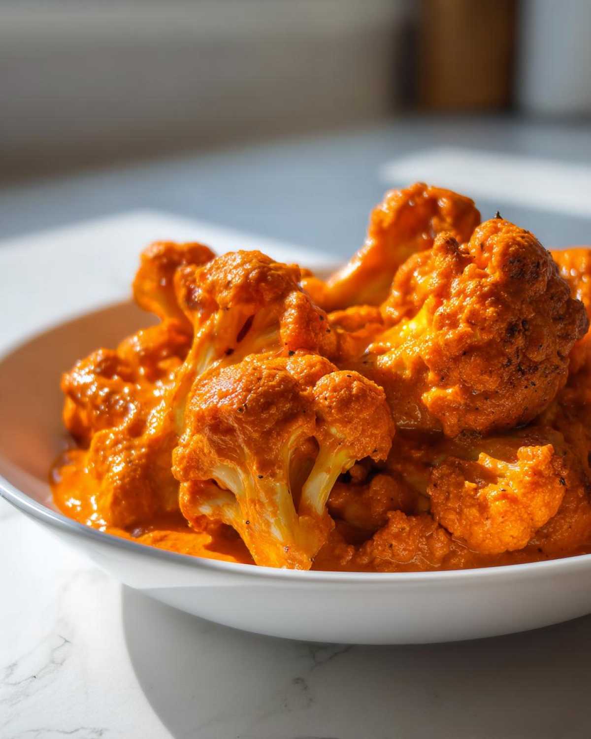 Close-up of vibrant orange Vegan Cauliflower Tikka Masala florets coated in rich sauce, served in a white bowl.