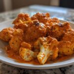 Several florets of roasted cauliflower coated in a rich, orange-red sauce, served on a white plate, showcasing the Vegan Cauliflower Tikka Masala.