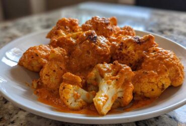 Several florets of roasted cauliflower coated in a rich, orange-red sauce, served on a white plate, showcasing the Vegan Cauliflower Tikka Masala.