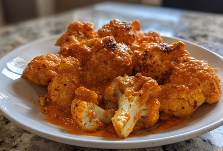 Several florets of roasted cauliflower coated in a rich, orange-red sauce, served on a white plate, showcasing the Vegan Cauliflower Tikka Masala.