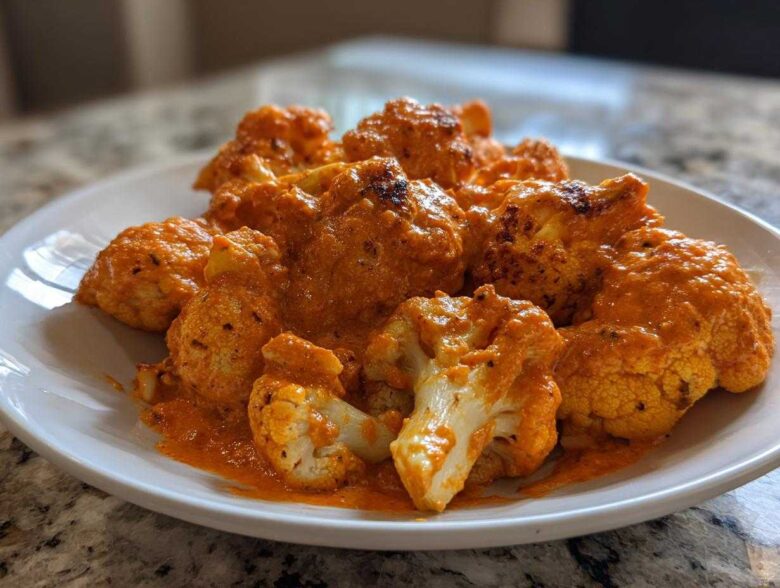 Several florets of roasted cauliflower coated in a rich, orange-red sauce, served on a white plate, showcasing the Vegan Cauliflower Tikka Masala.