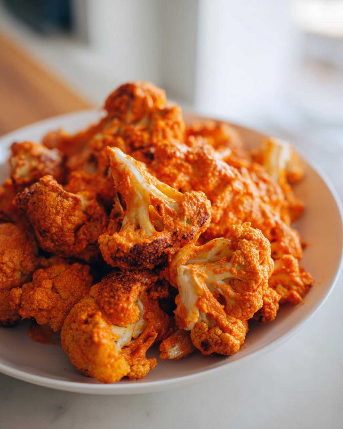 Close-up of roasted cauliflower florets coated in vibrant orange sauce for Vegan Cauliflower Tikka Masala.