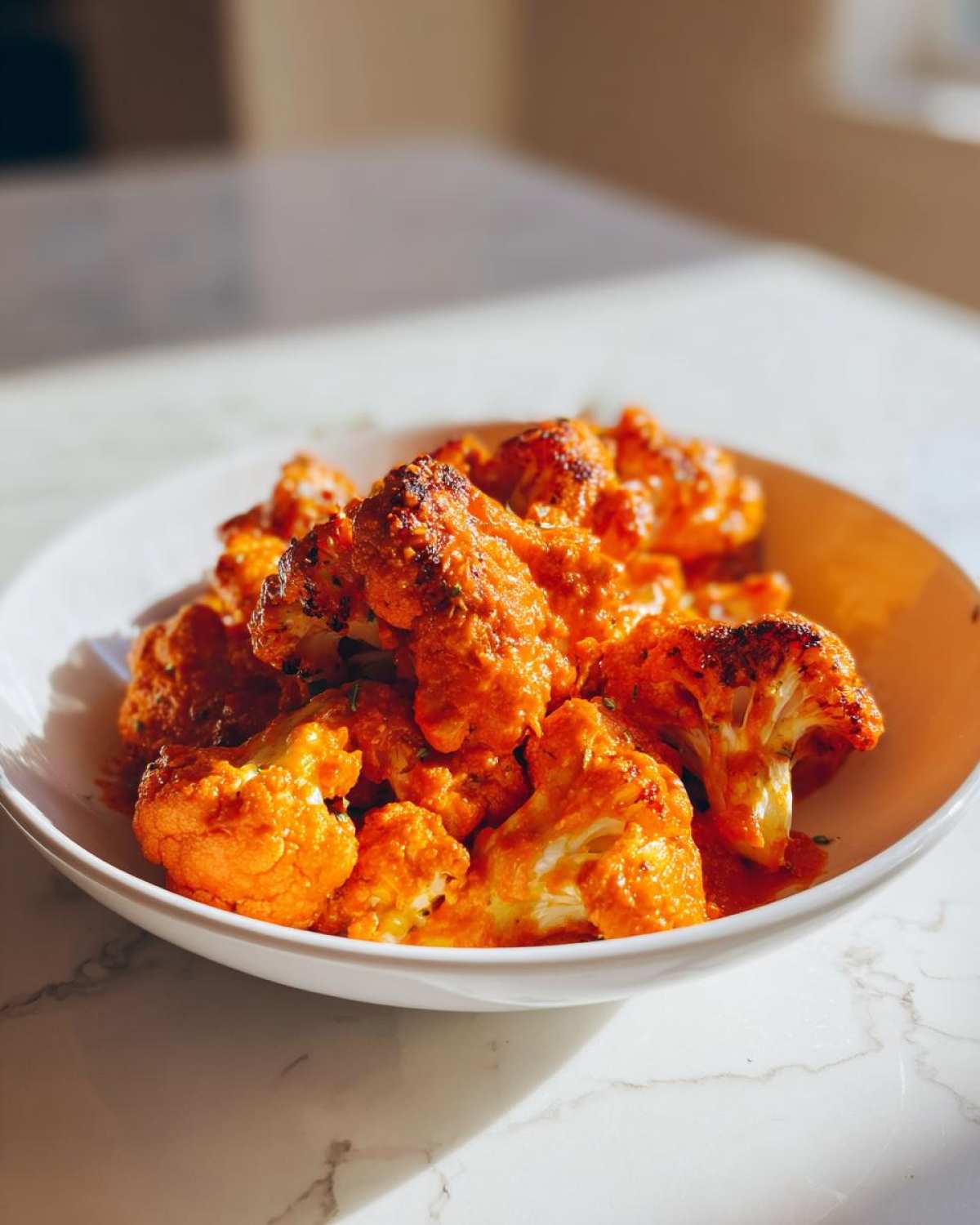 Close-up of roasted cauliflower florets coated in vibrant orange sauce, served in a white bowl for Vegan Cauliflower Tikka Masala.