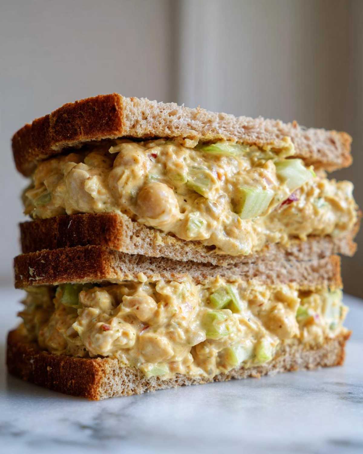 A tall, stacked Vegan Chickpea Salad Sandwich made with whole wheat bread and creamy filling with visible celery chunks.