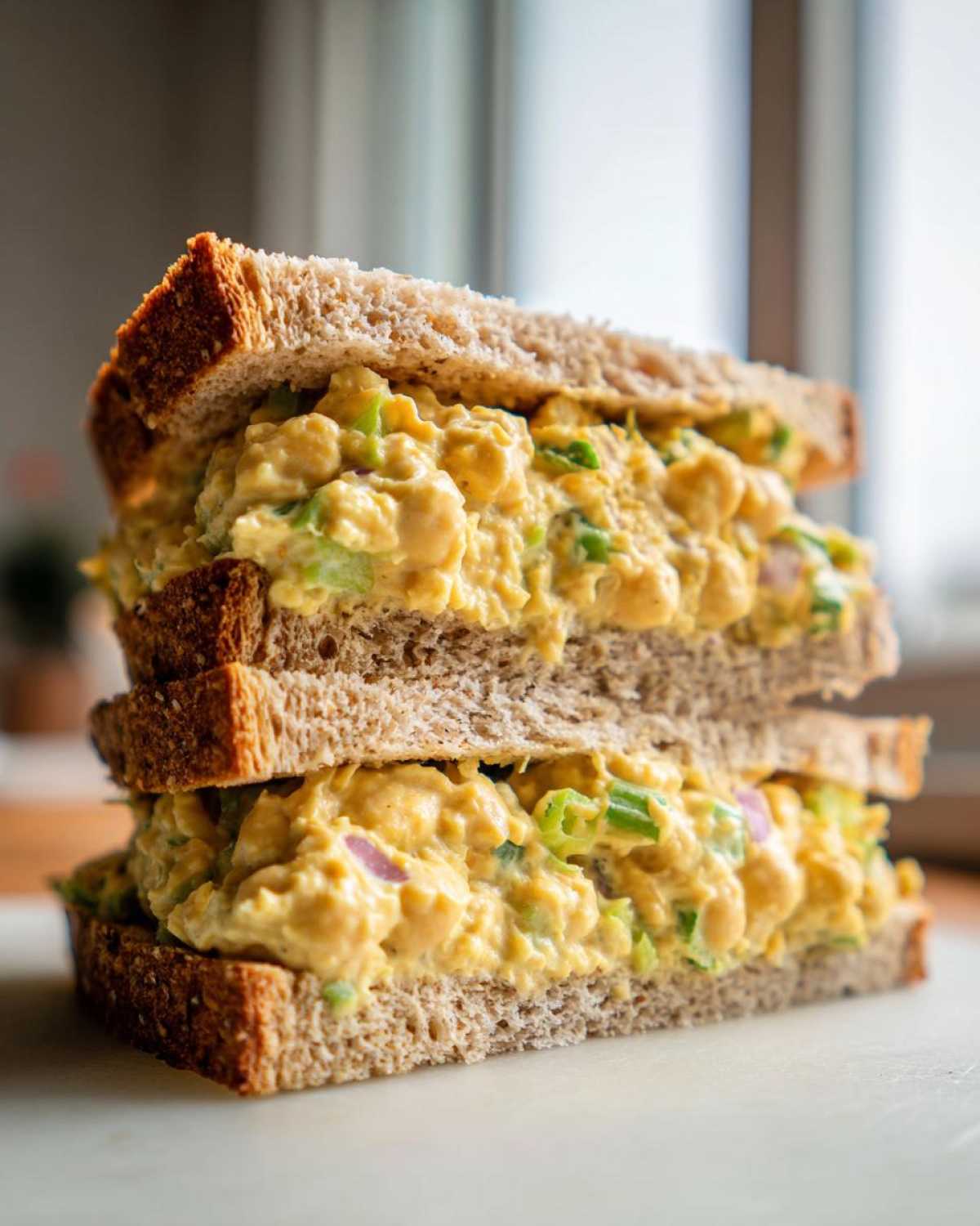 Close-up of a stacked Vegan Chickpea Salad Sandwich made with whole wheat bread and creamy yellow filling.