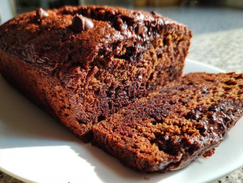 Close-up of a rich, dark Vegan Chocolate Banana Bread loaf with one slice cut, showing moist texture and chocolate chips.