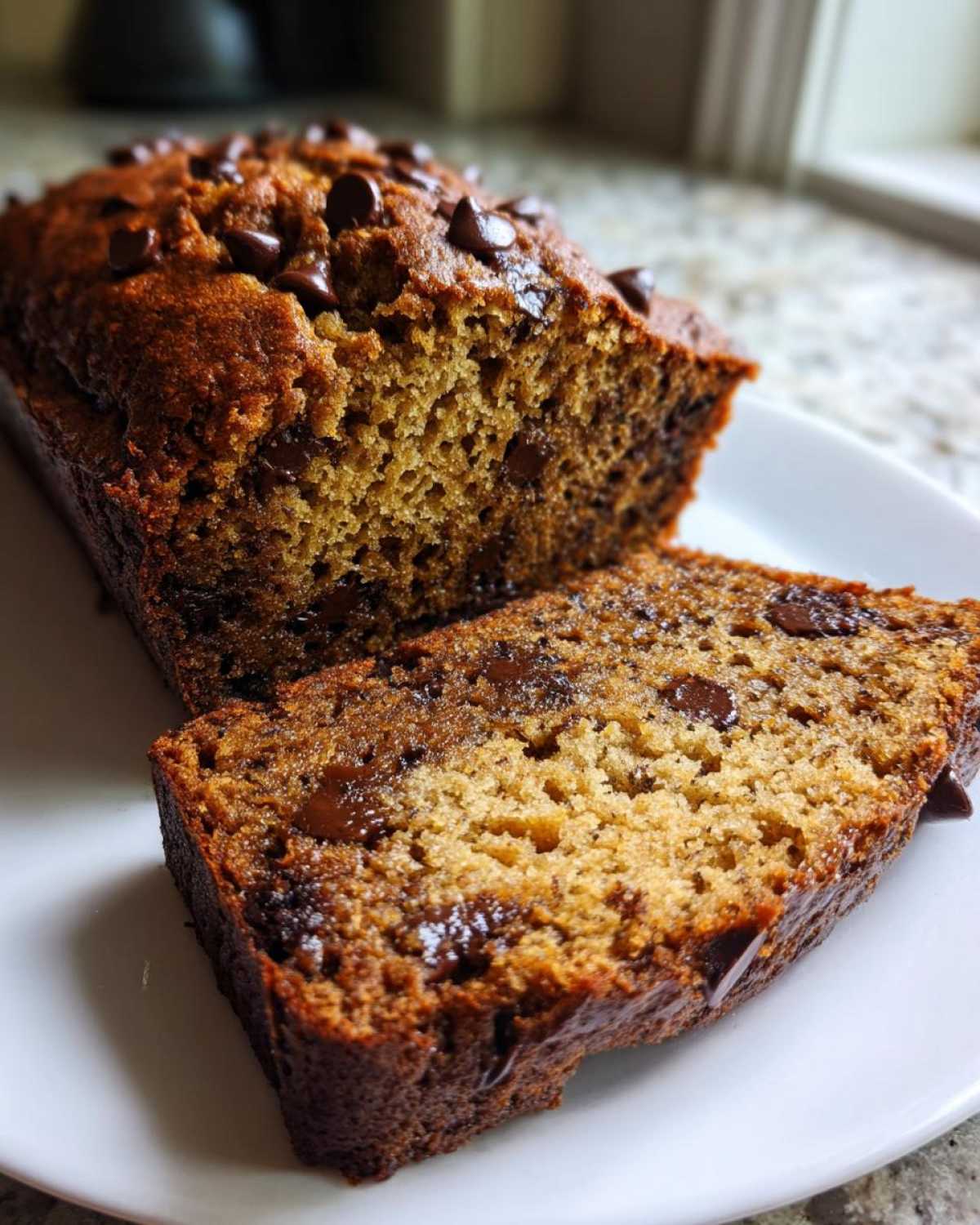 A loaf of moist Vegan Chocolate Banana Bread, partially sliced, showing melted chocolate chips throughout the crumb.