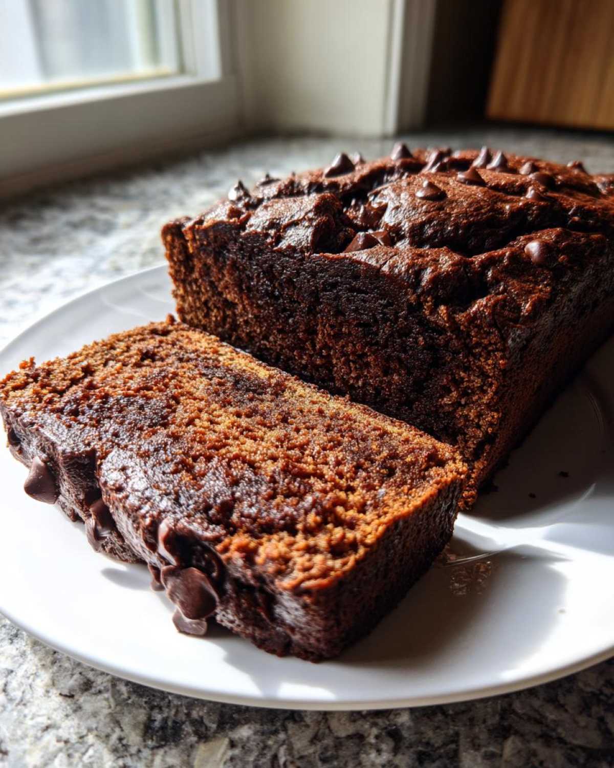 A slice cut from a loaf of rich Vegan Chocolate Banana Bread topped with chocolate chips.