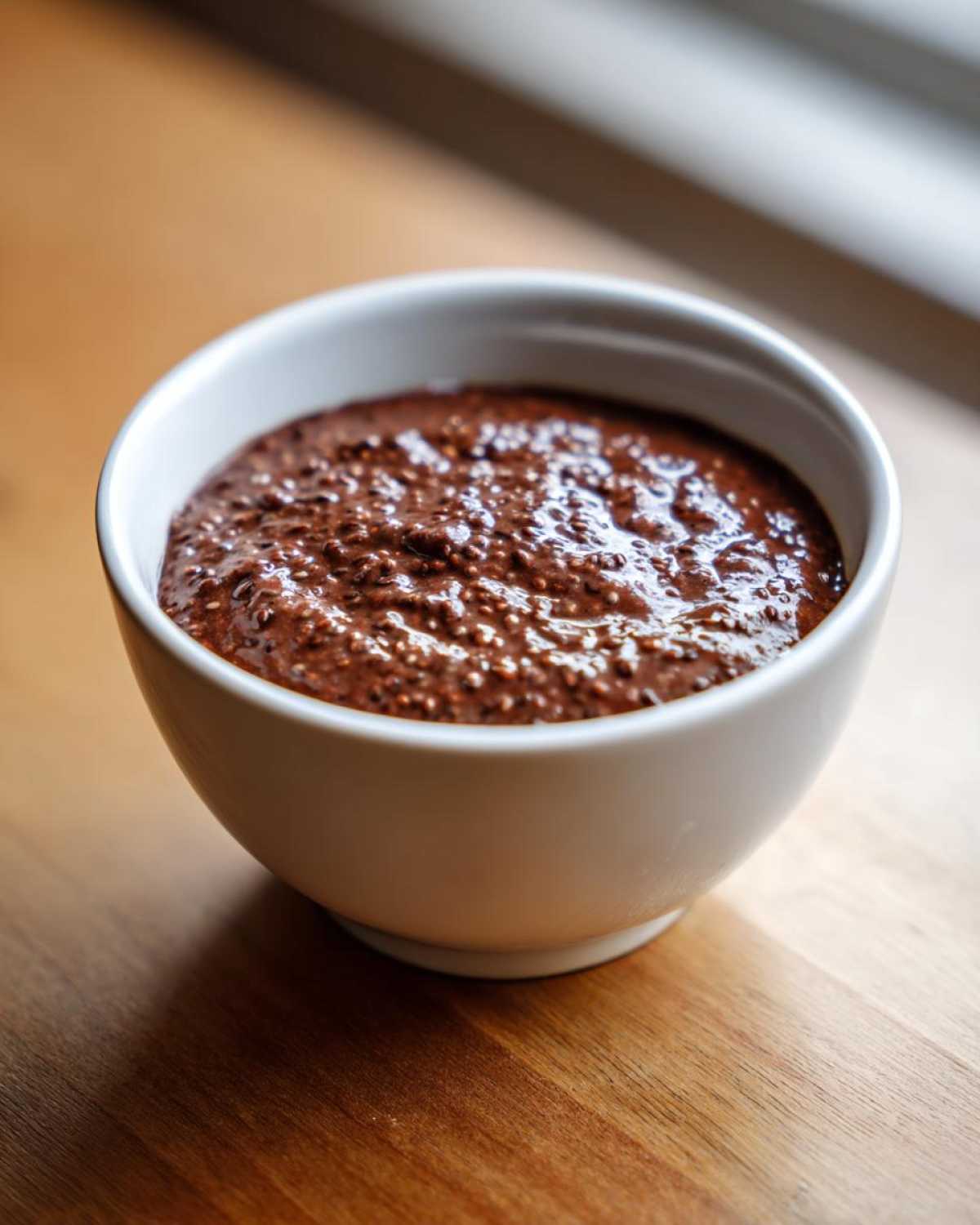 Close-up of rich Vegan Chocolate Chia Pudding texture in a white bowl on a wooden surface.