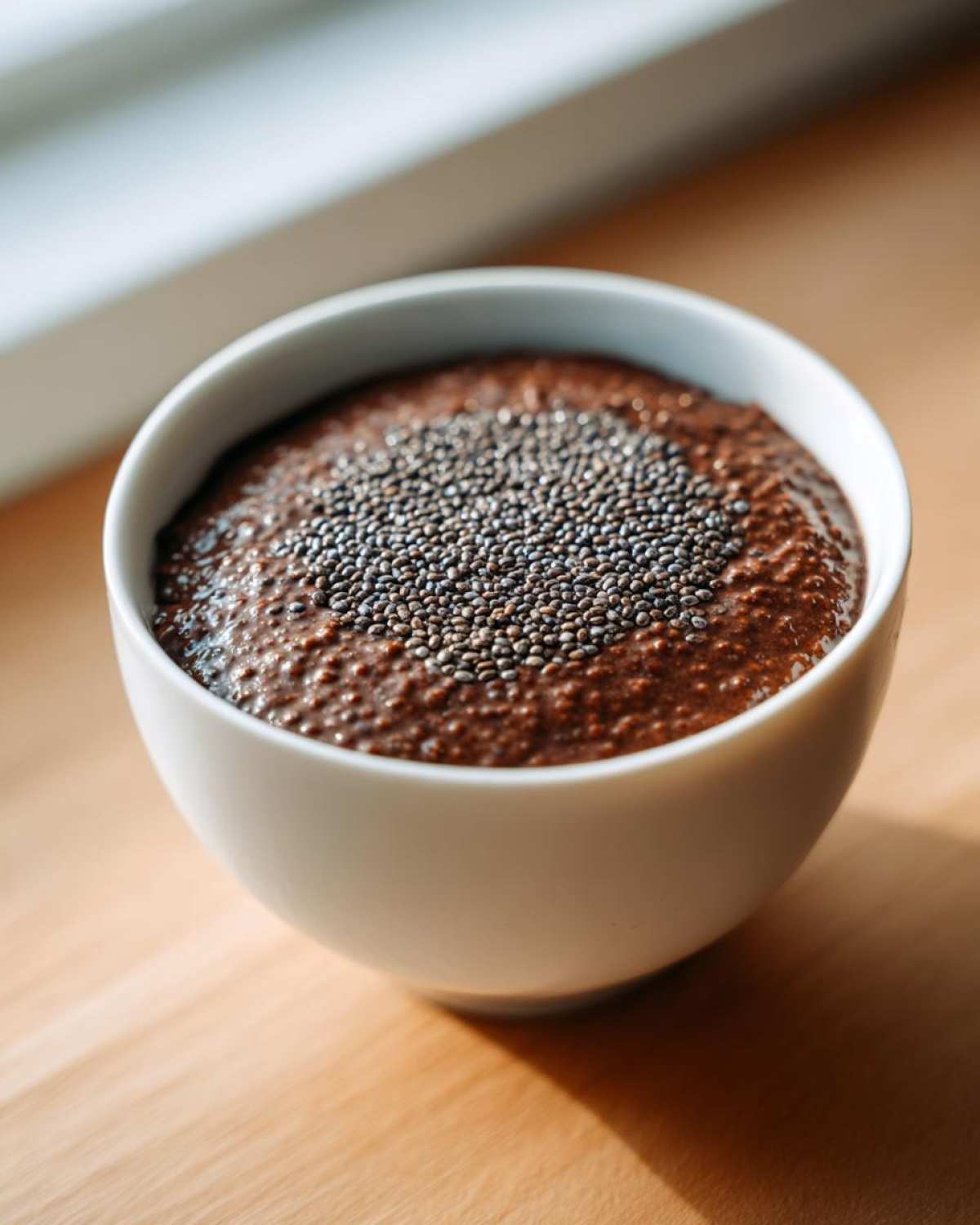 Close-up of rich Vegan Chocolate Chia Pudding in a white bowl, topped with dry chia seeds.