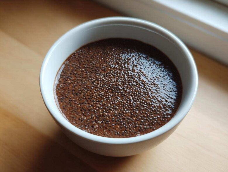 Overhead close-up of thick Vegan Chocolate Chia Pudding in a small white bowl on a wooden surface.