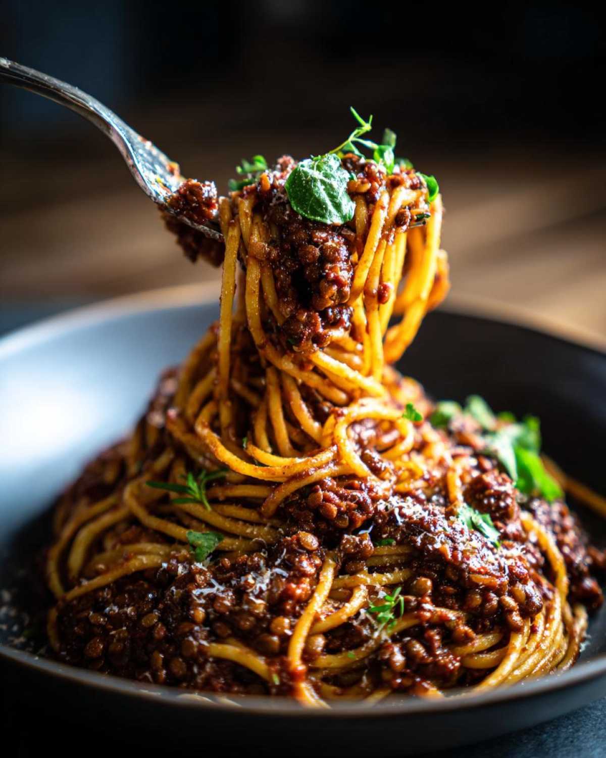 A fork lifts a generous twirl of spaghetti coated in rich Vegan Lentil Bolognese sauce, garnished with herbs.