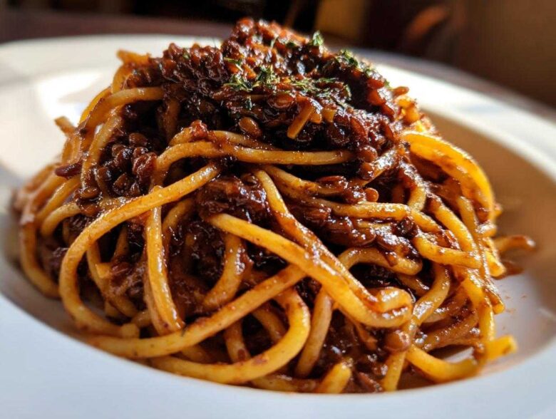 Close-up of thick spaghetti noodles coated in a rich, dark Vegan Lentil Bolognese sauce, garnished with herbs.