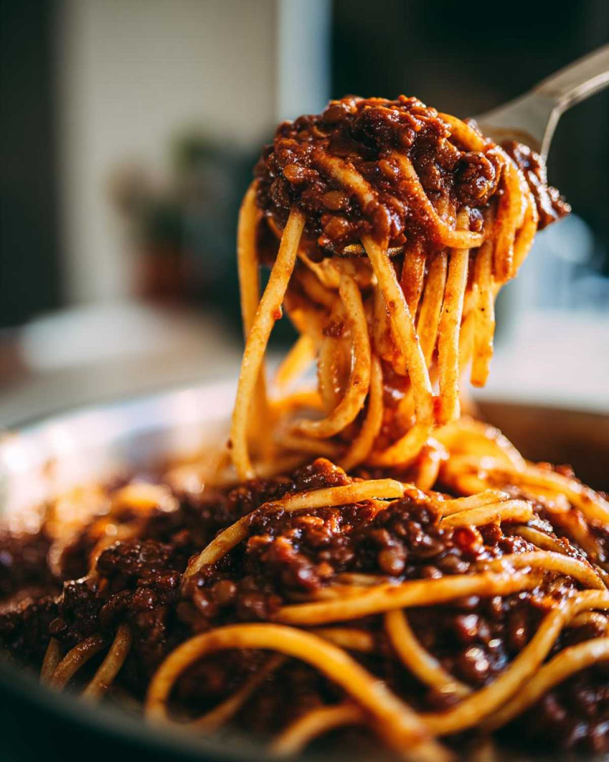 A fork lifts a generous portion of spaghetti coated heavily in rich Vegan Lentil Bolognese sauce.
