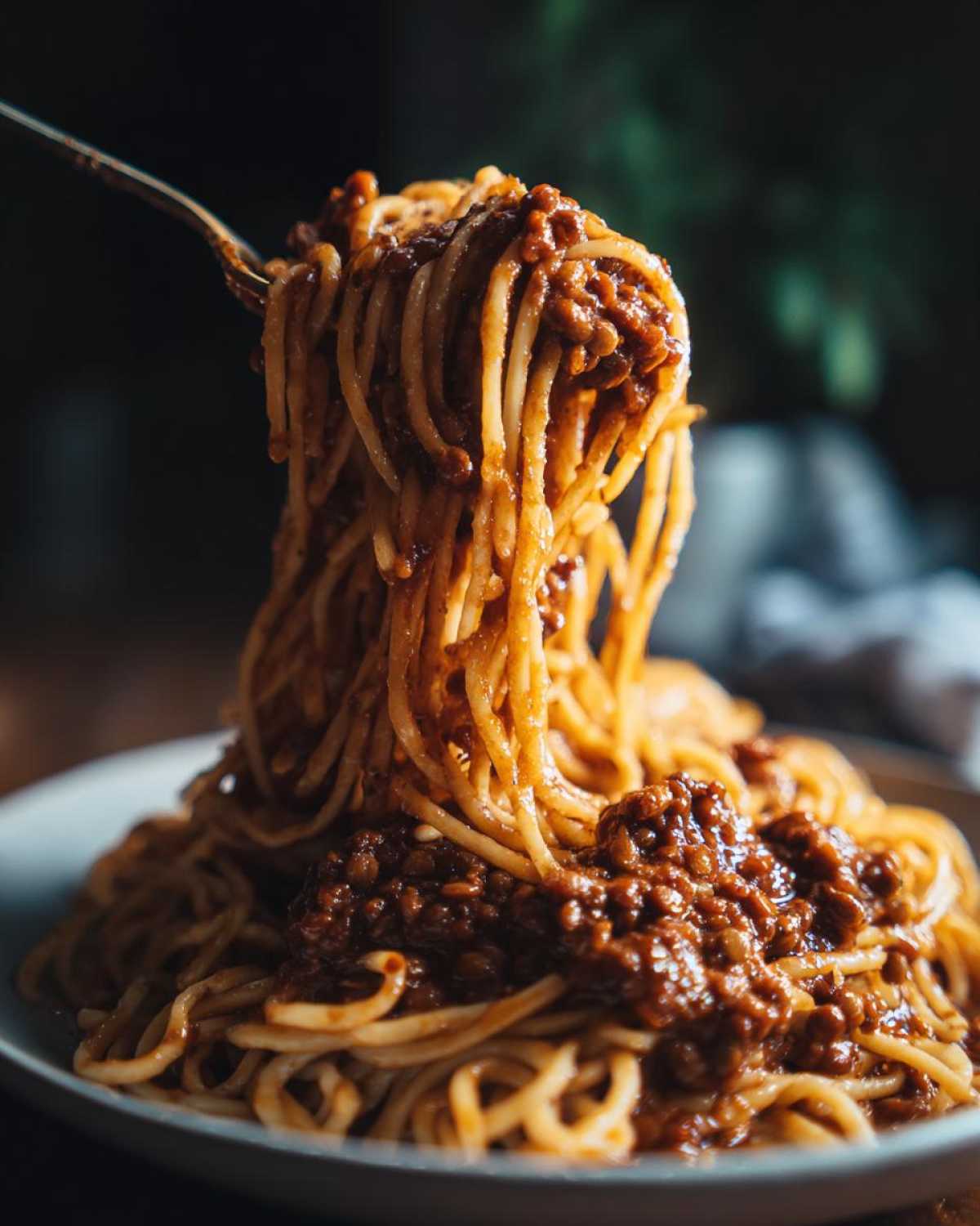 A fork lifts a generous swirl of spaghetti coated in rich Vegan Lentil Bolognese sauce from a plate.
