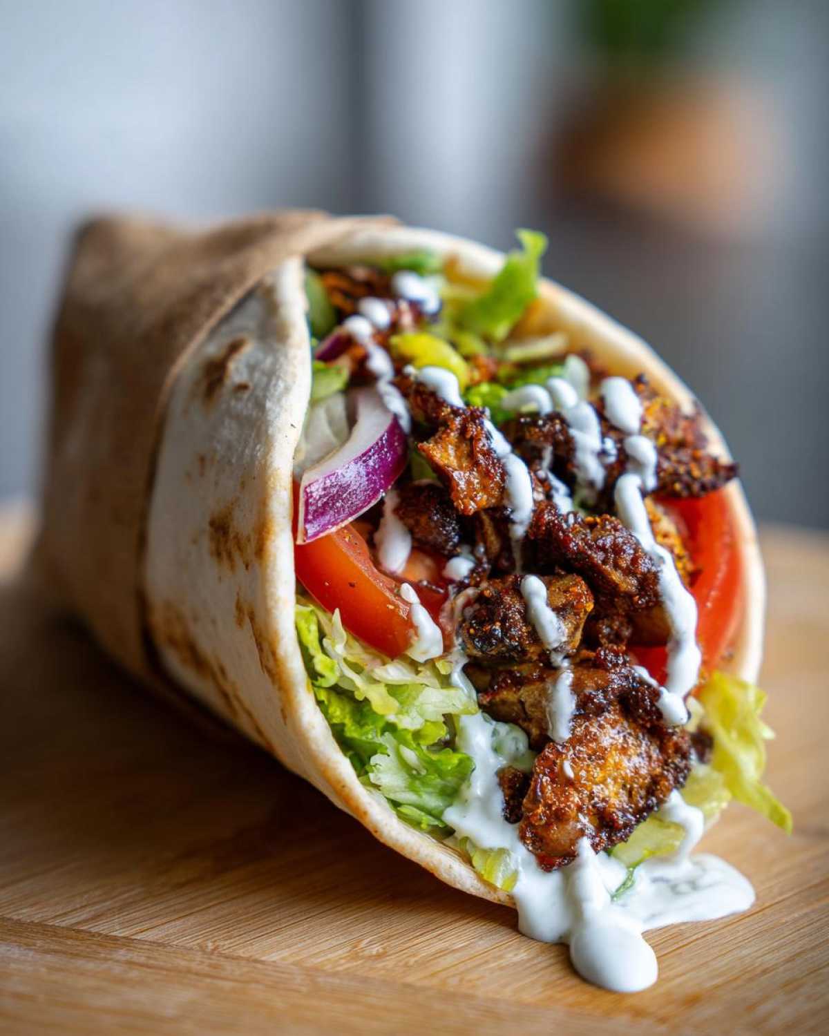 A delicious Vegan Mushroom Shawarma wrapped in pita bread, loaded with spiced mushrooms, lettuce, tomato, onion, and drizzled with white sauce.