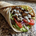 A delicious Vegan Mushroom Shawarma wrap filled with seasoned mushrooms, lettuce, tomato, onion, and drizzled with white sauce.