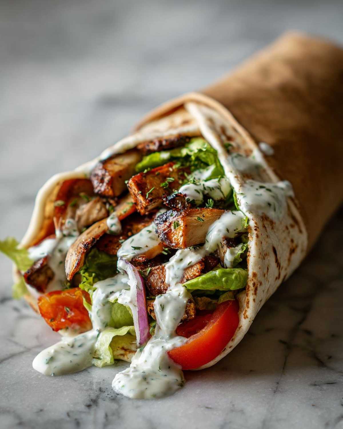 Close-up of a Vegan Mushroom Shawarma wrap overflowing with seasoned mushrooms, lettuce, tomato, and creamy white sauce.